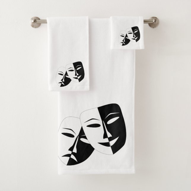 Comedy Tragedy Black and White Theatre Mask  Bath Towel Set (Insitu)