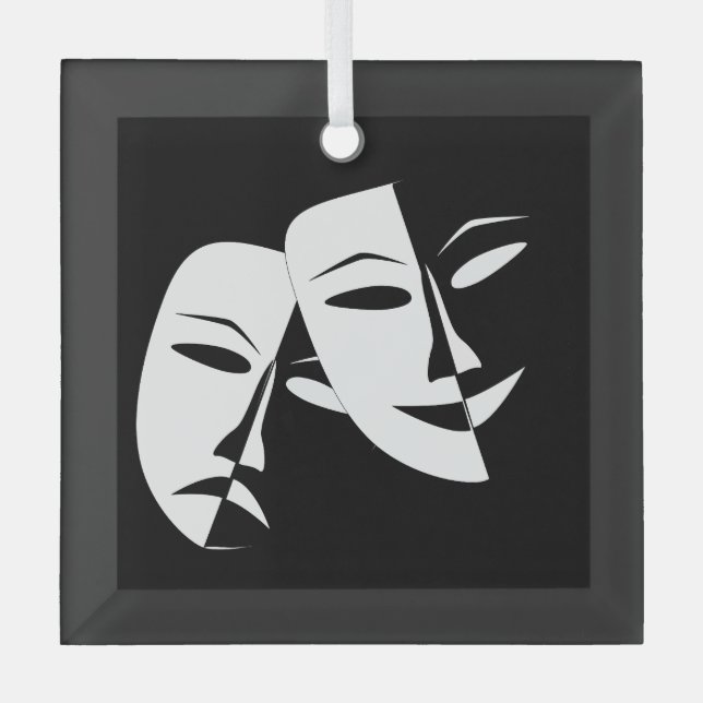 Comedy Tragedy Black and White Theatre Mask  Glass Ornament (Front)