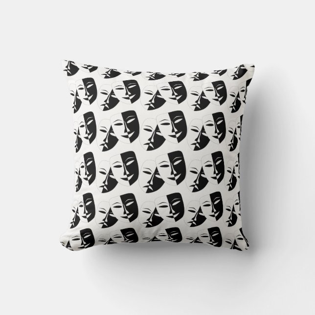 Comedy Tragedy Black and White Theatre Mask Throw Pillow (Front)