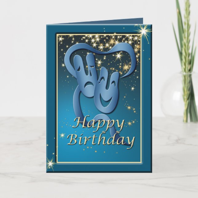 Comedy Tragedy Blue Theatre Mask Birthday Card (Front)