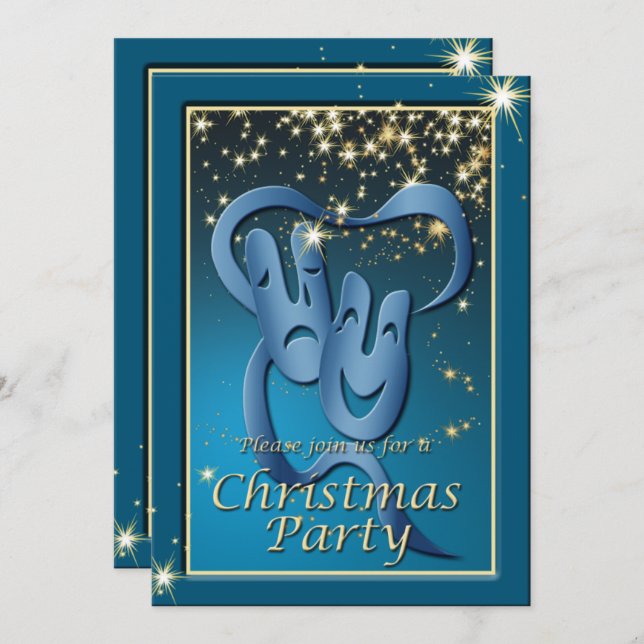 Comedy Tragedy Blue Theatre Mask Christmas Invite (Front/Back)