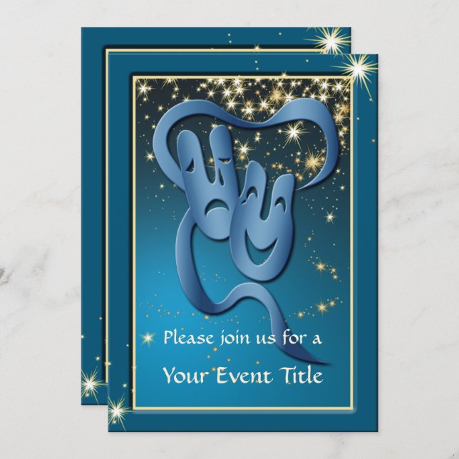 Comedy Tragedy Blue Theatre Mask Custom Invite (Front/Back)