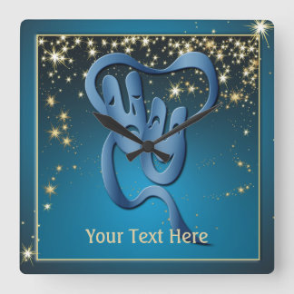 Comedy Tragedy Blue Theatre Mask Custom Square Wall Clock