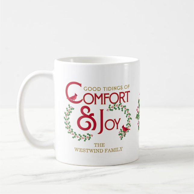 Comfort and Joy Christmas Typography Personalized Coffee Mug (Left)