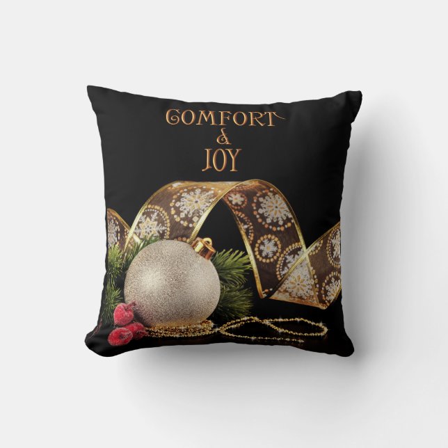 Comfort and Joy Ornament with Ribbon Throw Pillow (Front)