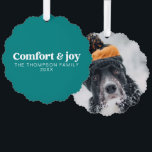 Comfort & Joy Modern Minimalist Teal Christmas Ornament Card<br><div class="desc">Our "Comfort & Joy Modern Minimalist Teal Christmas Ornament Card" brings a touch of contemporary elegance to your holiday celebrations. This exquisite card features a teal Christmas ornament design, evoking feelings of serenity and joy during the holiday season. The shatterproof Christmas ornament and the personalized family ornaments with pets create...</div>