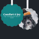 Comfort & Joy Modern Minimalist Teal Christmas Ornament Card<br><div class="desc">Our "Comfort & Joy Modern Minimalist Teal Christmas Ornament Card" brings a touch of contemporary elegance to your holiday celebrations. This exquisite card features a teal Christmas ornament design, evoking feelings of serenity and joy during the holiday season. The shatterproof Christmas ornament and the personalized family ornaments with pets create...</div>