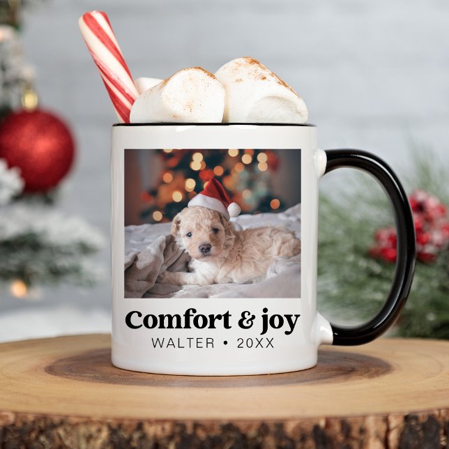 Comfort & Joy Photo and Name Modern Christmas Coffee Mug (Creator Uploaded)