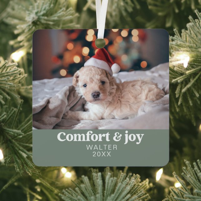 Comfort & Joy Photo and Name Modern Christmas  Metal Ornament (Insitu)