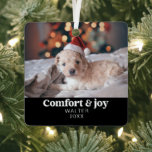 Comfort & Joy Photo and Name Modern Christmas  Metal Ornament<br><div class="desc">Introducing our "Comfort & Joy" Black Photo and Name Modern Christmas Metal Ornament, a sleek and personalized addition to your holiday decor. This finely crafted metal ornament features a contemporary design with a classic black hue, adorned with the heartwarming message of "Comfort & Joy." What makes it truly special is...</div>