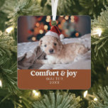 Comfort & Joy Photo and Name Modern Christmas  Metal Ornament<br><div class="desc">Introducing our "Comfort & Joy Photo and Name Modern Christmas Metal Ornament" in a warm and inviting terracotta hue, a charming and personalized addition to your holiday decor. This finely crafted ornament boasts a sleek and contemporary design, embellished with the heartwarming message of "Comfort & Joy." What sets it apart...</div>