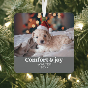 Comfort & Joy Photo and Name Modern Christmas Metal Ornament