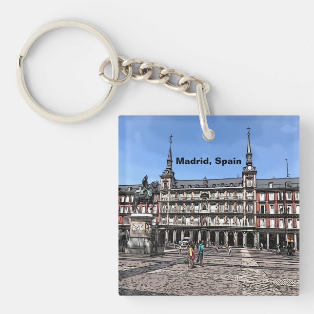 Comic Art of a plaza in Madrid, Spain  Keychain (Front)