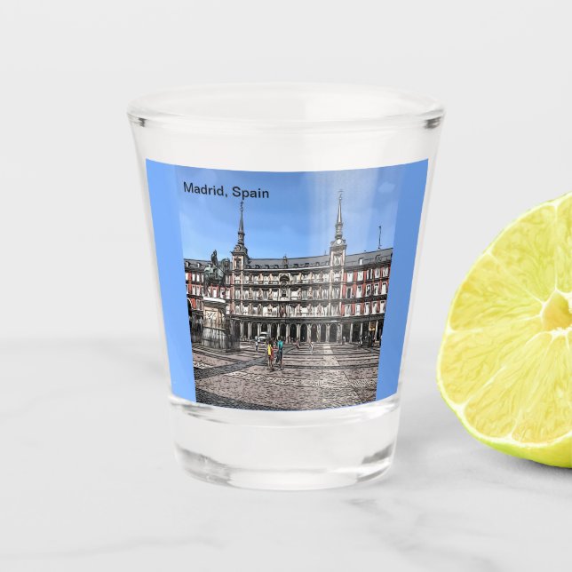 Comic Art of a plaza in Madrid, Spain  Shot Glass (Front)