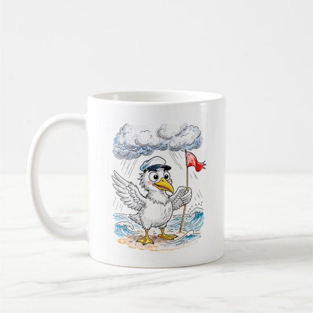 Comic Bird Beach Wind Check Postcard Coffee Mug (Left)