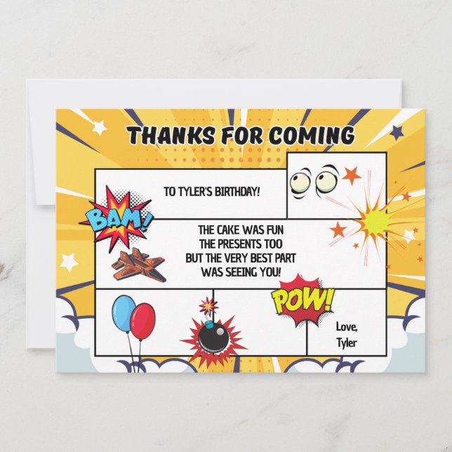 Comic Birthday Party Thank You Card (Front)