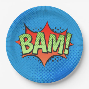 Comic Book BAM! on a blue background Paper Plate
