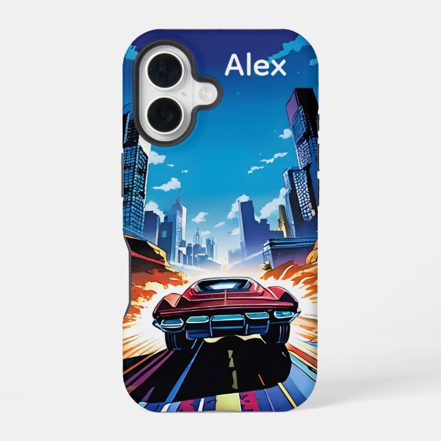 Comic Book Car Going Fast Personalized iPhone 16 Case (Back)