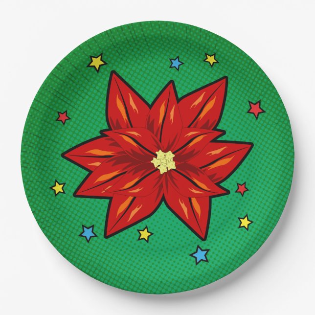 Comic Book Christmas Poinsettia Paper Plate (Front)
