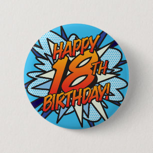 Comic Book HAPPY 18TH BIRTHDAY blue 2 Inch Round Button