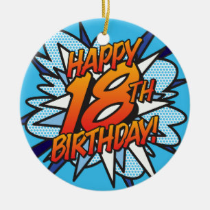 Comic Book HAPPY 18TH BIRTHDAY! blue Ceramic Ornament