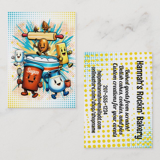 Comic book hippie baking ingredients bakery business card (Front/Back)
