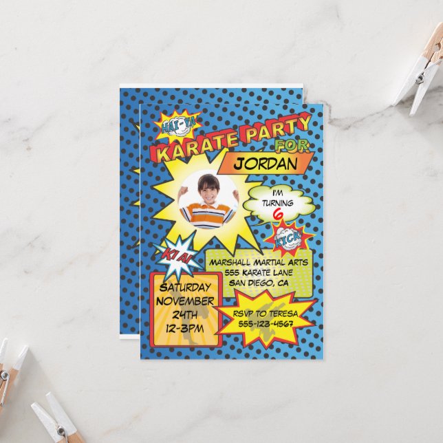 Comic Book Karate Party Invitation (Front/Back In Situ)