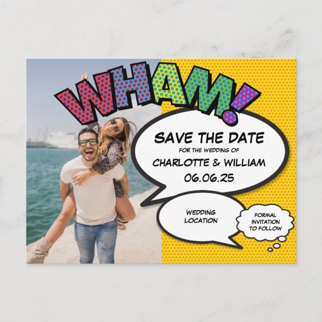 Comic Book Photo Save The Date Announcement Postcard (Front)