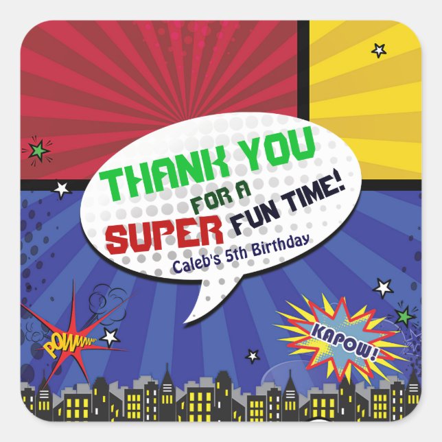 Comic Book Pop Art Birthday Party Favour Square Sticker (Front)