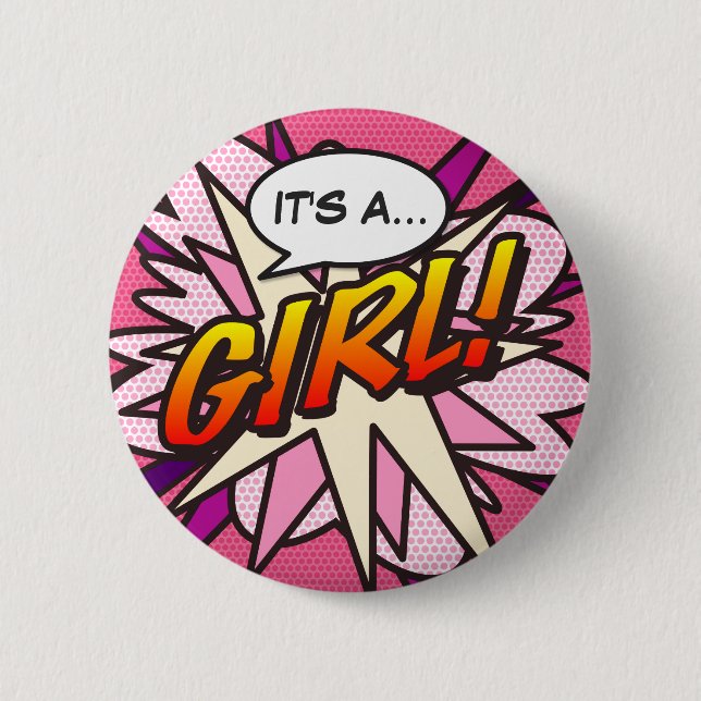 Comic Book Pop Art IT'S A GIRL Gender Reveal 2 Inch Round Button (Front)