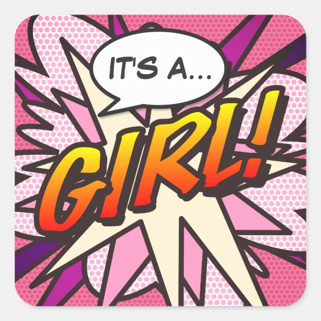 Comic Book Pop Art IT'S A GIRL Gender Reveal Square Sticker (Front)