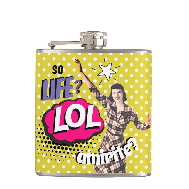Comic Book Pop Art Retro Lady Funny Hip Flask (Front)