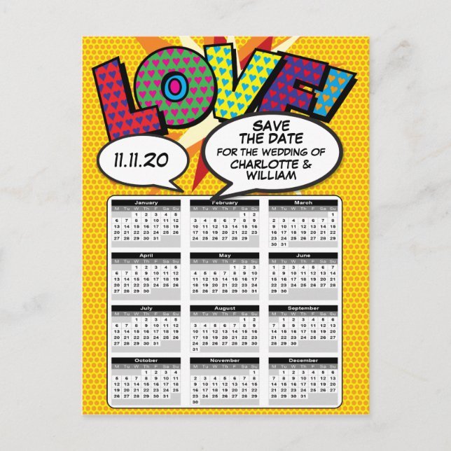 Comic Book Pop Art Save the Date 2020 Calendar Announcement Postcard (Front)