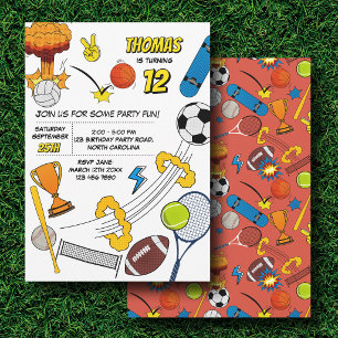 Comic Book Retro Sports Athletic Balls Birthday Invitation