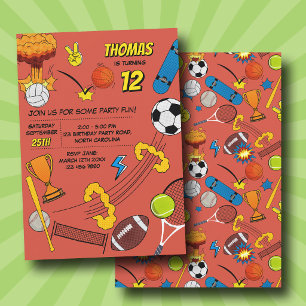 Comic Book Retro Sports Athletic Balls Birthday Invitation