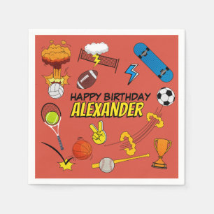 Comic Book Retro Sports Athletic Balls Birthday Napkin