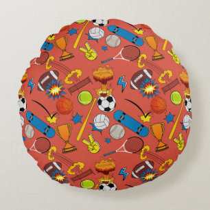 Comic Book Retro Sports Athletic Balls Round Pillow
