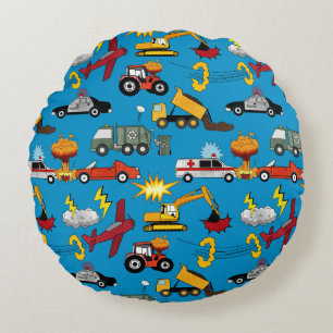 Comic Book Retro Trucks Cars Vehicles Airplanes Round Pillow