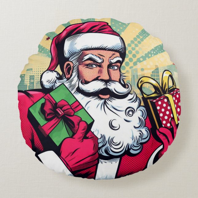 Comic book Santa/Christmas  Round Pillow (Front)