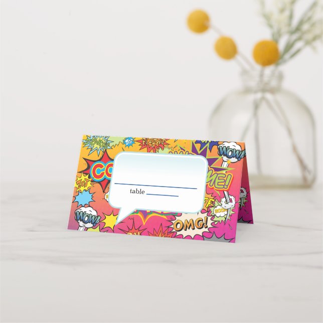 COMIC BOOK SPEECH BUBBLE GEEK NERD WEDDING  PLACE CARD (Front)