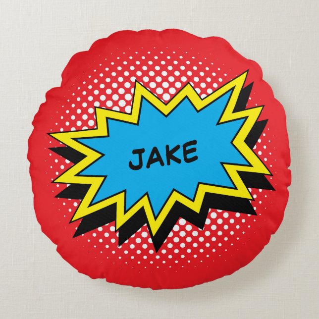Comic Book Style Colourful Custom Name Round Pillow (Front)