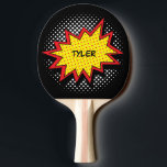 Comic Book Style Colourful Name Black Ping Pong Paddle<br><div class="desc">Comic Book Fan Decor. Colourful Cartoon Design Explosion for your Superhero kid! Customize this design with a name or text and you can change the background colour! Available in other products.</div>