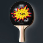 Comic Book Style Colourful Name Black Ping Pong Paddle<br><div class="desc">Comic Book Fan Decor. Colourful Cartoon Design Explosion for your Superhero kid! Customize this design with a name or text and you can change the background colour! Available in other products.</div>