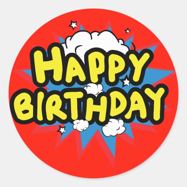 Comic book Style Happy Birthday Classic Round Sticker (Front)