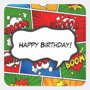 Comic Book Style Kids Birthday Party Square Sticker