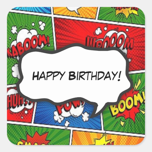 Comic Book Style Kids Birthday Party Square Sticker (Front)