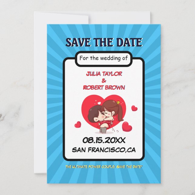 Comic book style personalized save the date  invitation (Front)