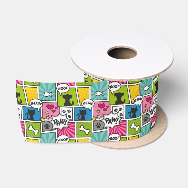 Comic Book Style Pet Pattern Satin Ribbon (Spool)