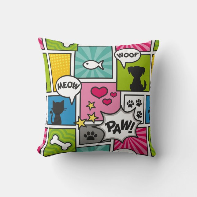 Comic Book Style Pet Pattern Throw Pillow (Front)