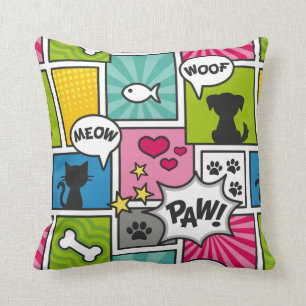 Comic Book Style Pet Pattern Throw Pillow